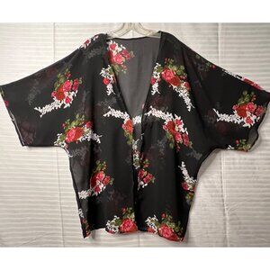 Floral Open Front Kimono Cardigan Black Sheer Cover-Up 2XL Lightweight Plus Size